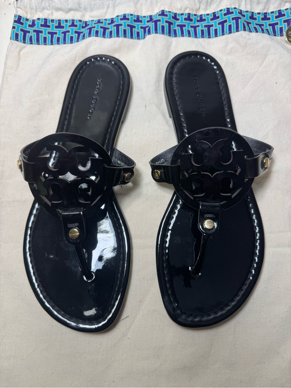 Tory Burch Black Patent Logo Thong Sandals